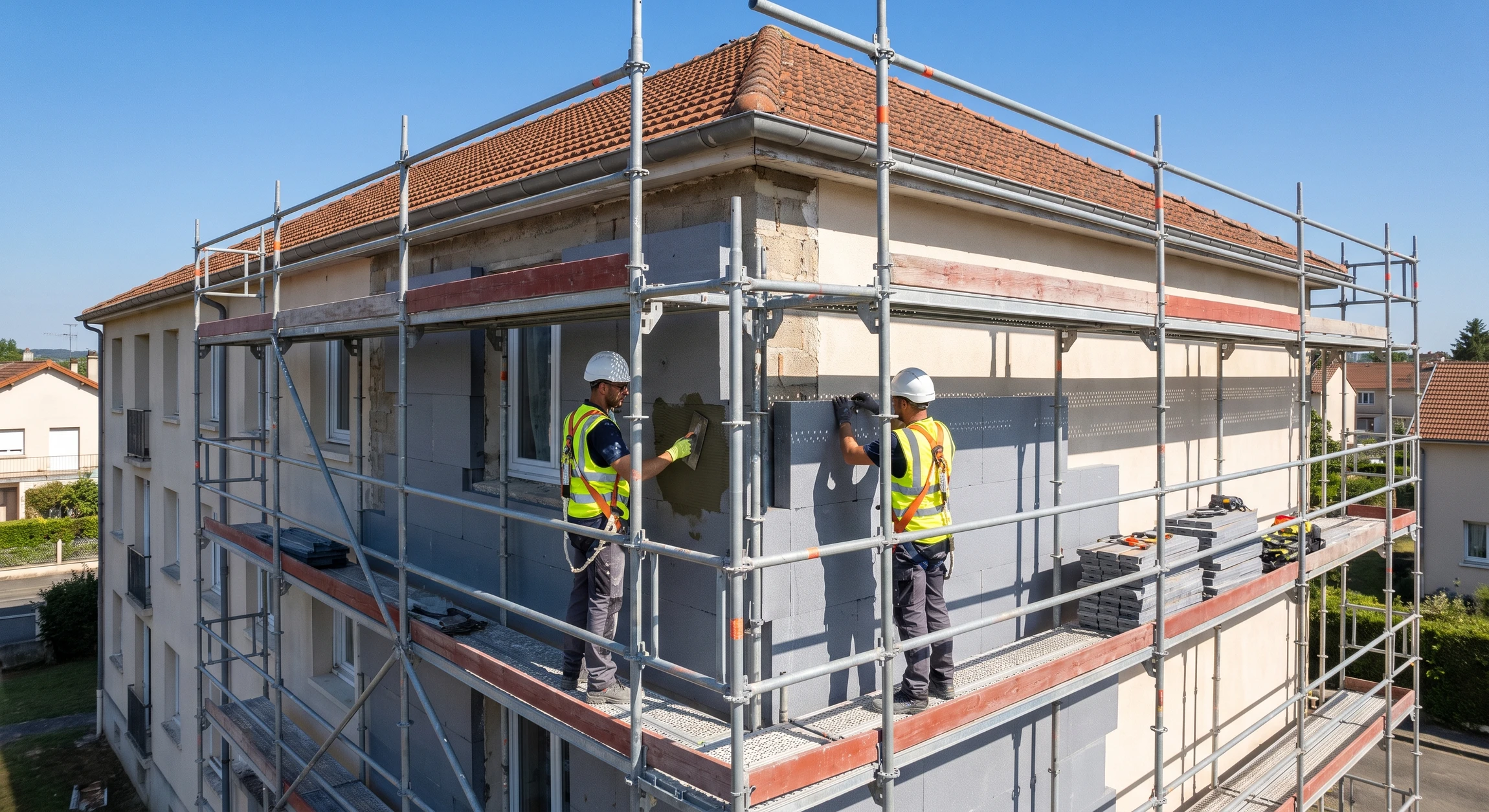 Chantier de rénovation thermique par l'extérieur d'un immeuble collectif résidentiel. Vue en angle montrant une façade partiellement couverte d'isolation thermique, avec des panneaux isolants en polystyrène ou fibre de bois partiellement fixés sur la maçonnerie. Un ou deux ouvriers en tenue de chantier travaillent à l'installation des panneaux. Échafaudage tubulaire multifaçades en arrière-plan. Ciel bleu. L'image doit clairement montrer le système ITE complet et en action.