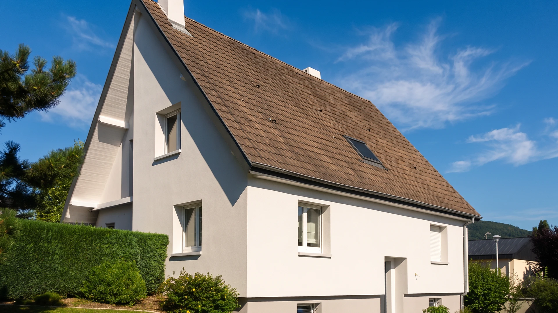 Deux peintres en bâtiment travaillent sur échafaudage devant une maison moderne