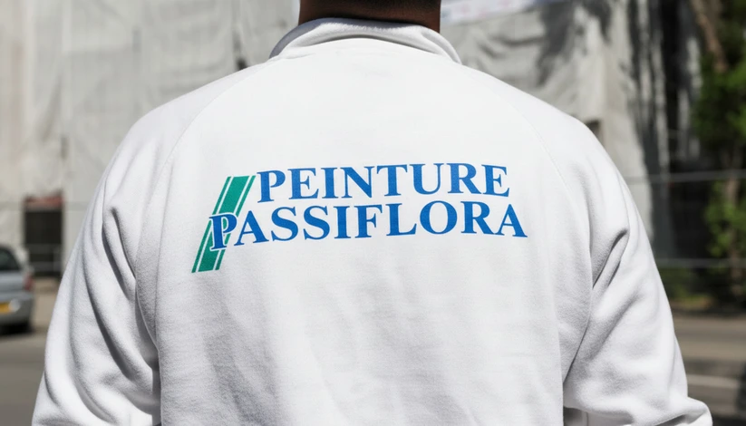 Deux ouvriers de l'équipe Passiflora travaillant côte à côte sur un chantier de ravalement de façade : l'un accroupi au sol fixant des panneaux isolants thermiques, l'autre debout sur un échafaudage tubulaire superviseur ou préparant l'étape suivante. Les deux portent des équipements de travail distinctifs, travaillent avec concentration et expertise. En arrière-plan, la bannière ou signalétique Passiflora est discrètement visible. Chantier extérieur en plein jour, façade résidentielle, atmosphère professionnelle et sérieuse incarnant la maîtrise technique et l'investissement collectif dans chaque projet.