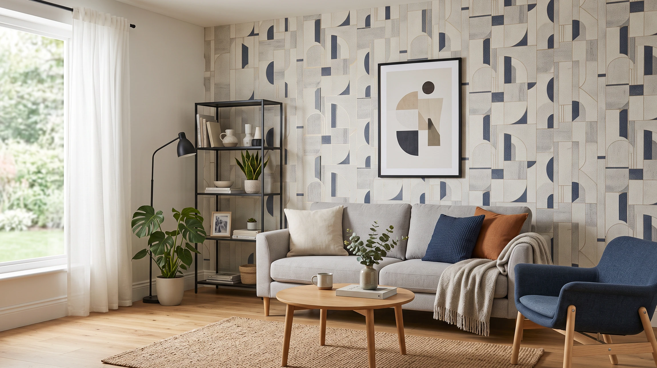 Intérieur d'une pièce d'habitation élégamment rénovée avec des murs enduits lisses dans une teinte décorative (peinture murale mate teinte ocre clair ou bleu gris subtil). Plafond peint dans une teinte contrastée ou coordinée, parfaitement lisse et régulier. Menuiseries blanches PVC encadrant des fenêtres, baselinteau en harmonie avec la palette chromatique. Revêtement de sol (parquet clair ou carrelage). Mobilier discret visible en arrière-plan. Éclairage naturel mettant en valeur la qualité des finitions murales et la matière des revêtements. Image réelle de qualité professionnelle mettant l'accent sur le résultat esthétique et la sublimation de l'espace intérieur.