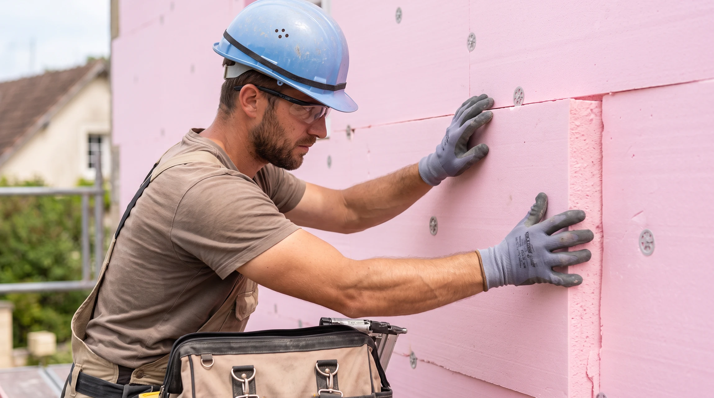 Ouvrier en équipement de protection (gilet jaune, gants, casque) appliquant avec attention une couche d'enduit isolant en mousse résolique sur la façade extérieure d'un bâtiment. L'ouvrier utilise une spatule ou un outil de projection pour étendre uniformément l'isolant fin sur la surface du mur extérieur. On aperçoit des panneaux de base déjà en place, l'échafaudage métallique supportant le travail en hauteur, et un ciel dégagé en arrière-plan. La scène illustre clairement l'efficacité et la précision de cette technique d'isolation thermique fine.