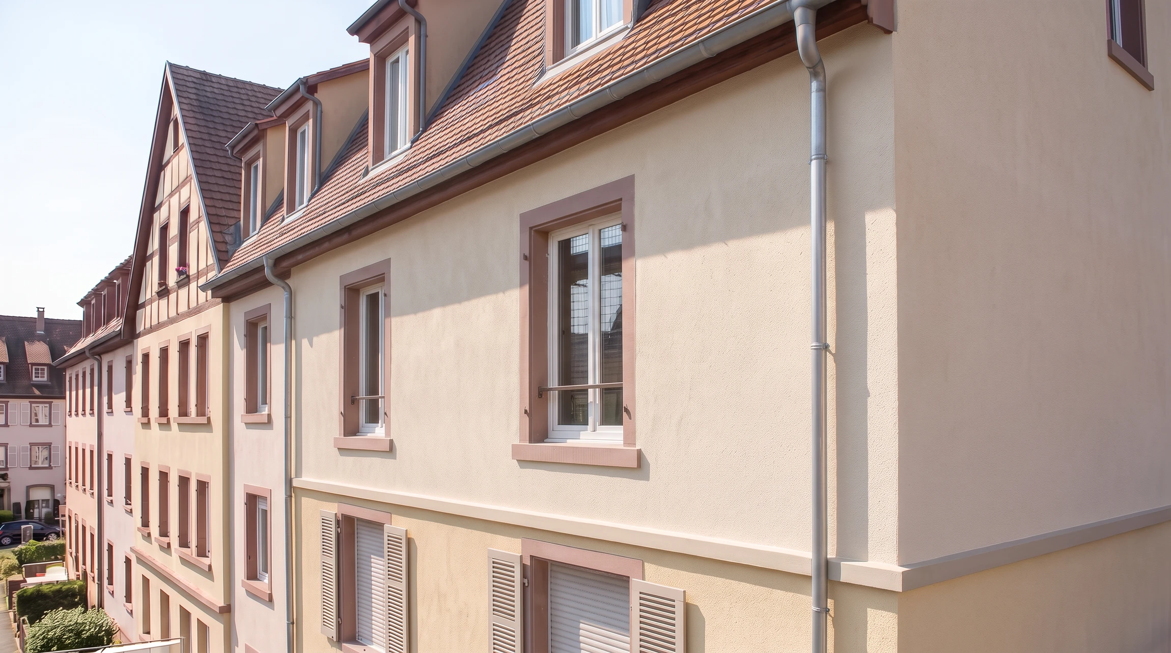 Photographie professionnelle d'un chantier de façade en cours de ravalement, montrant deux ouvriers en équipement de sécurité travaillant à l'application d'enduit ou de peinture sur la façade extérieure d'un immeuble collectif. Un ouvrier applique le produit au rouleau depuis un échafaudage tubulaire, tandis qu'un second ouvrier encadre l'action. Panneaux d'isolation thermique visibles en arrière-plan, bannière de chantier identifiant l'entreprise Passiflora. Ciel dégagé, environnement urbain alsacien, mise en lumière claire des travaux d'enveloppe extérieure illustrant l'expertise complète de l'entreprise.